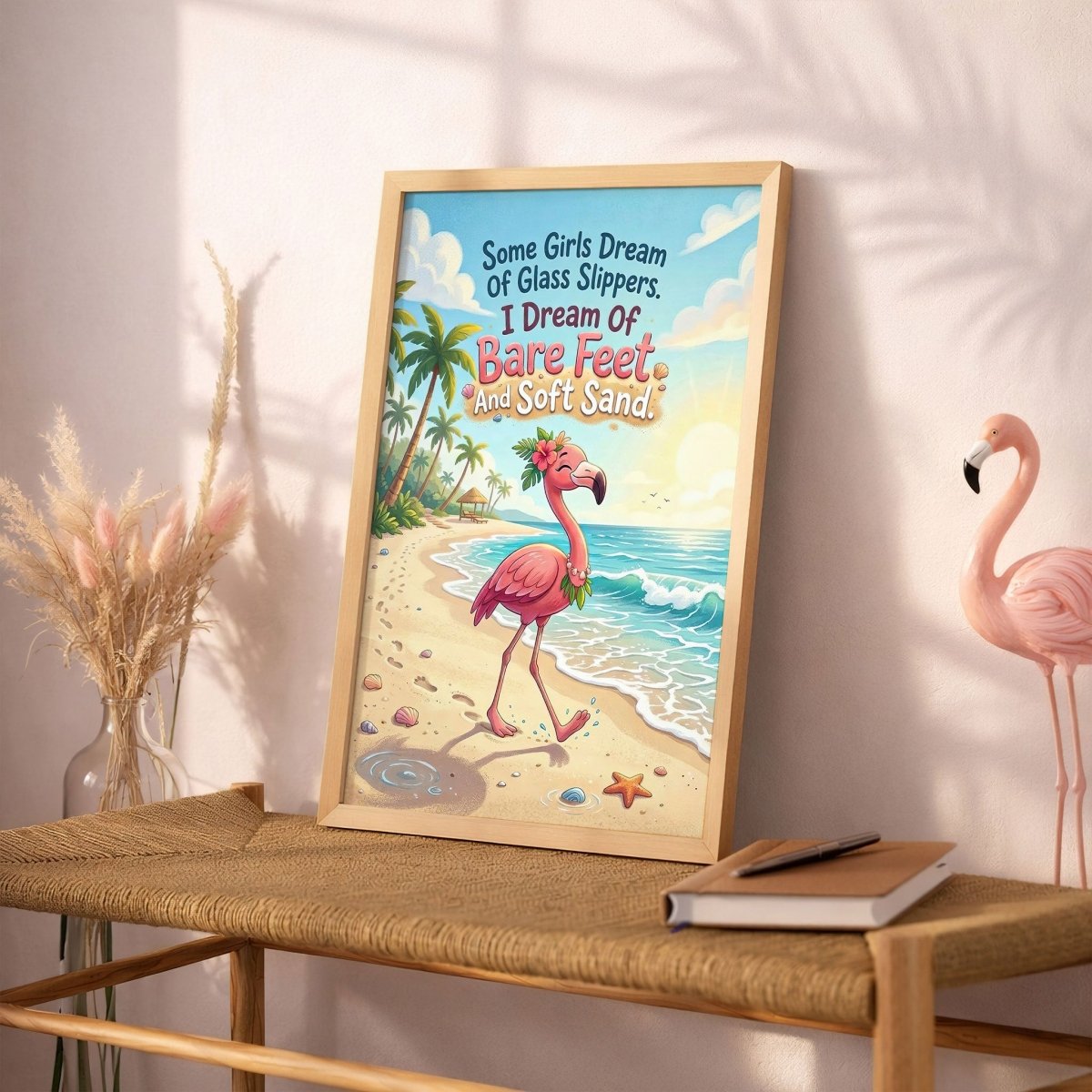 Bare Feet & Soft Sand – Flamingo Beach Dream Quote Poster - FlamingoAholic