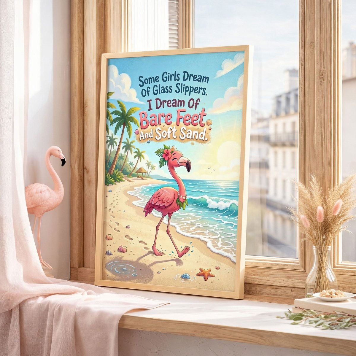 Bare Feet & Soft Sand – Flamingo Beach Dream Quote Poster - FlamingoAholic