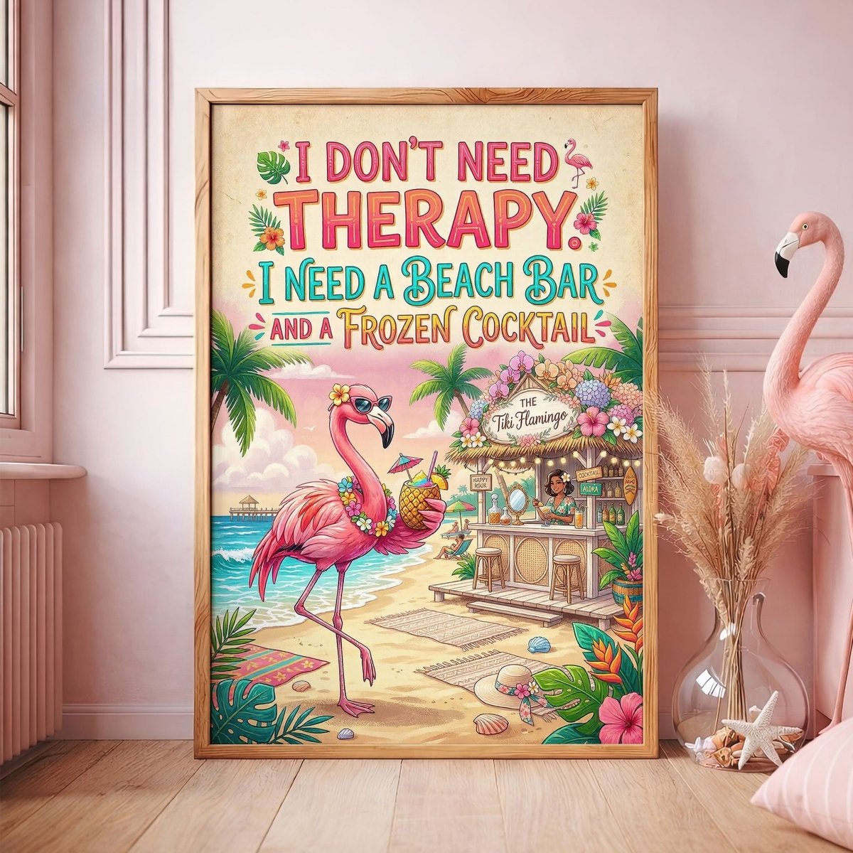 Beach Bar Flamingo Poster – Funny Tropical Cocktail Wall Art - FlamingoAholic