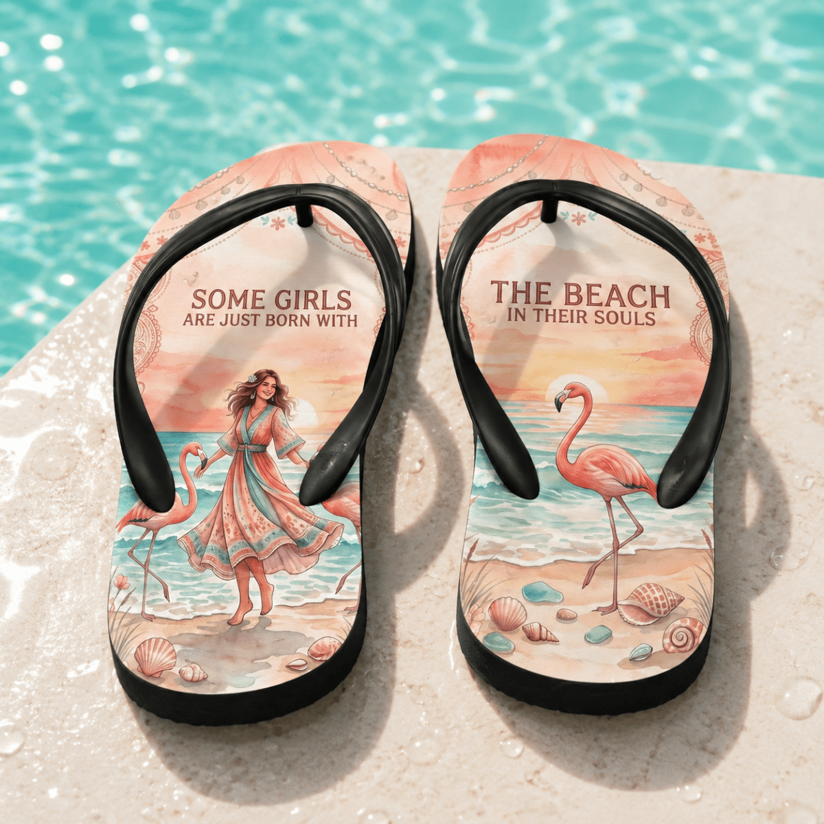 Beach Soul Flip Flops, Flamingo Beach Sandals for Women, Coastal Summer Shoes, Beach Lover Gift - FlamingoAholic