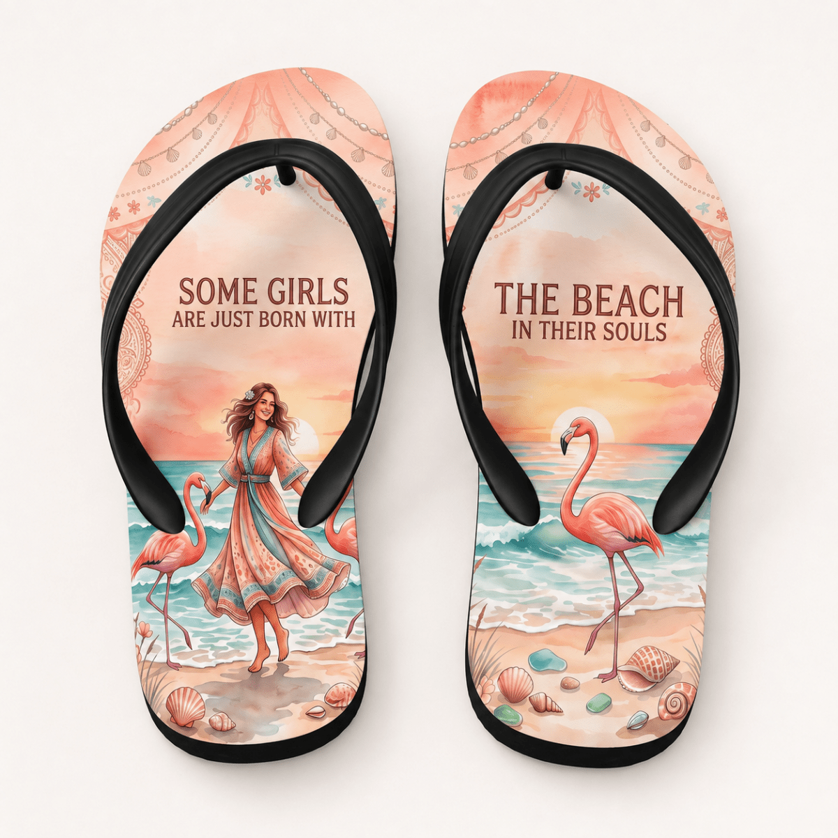 Beach Soul Flip Flops, Flamingo Beach Sandals for Women, Coastal Summer Shoes, Beach Lover Gift - FlamingoAholic