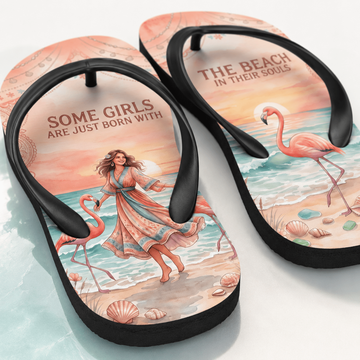 Beach Soul Flip Flops, Flamingo Beach Sandals for Women, Coastal Summer Shoes, Beach Lover Gift - FlamingoAholic