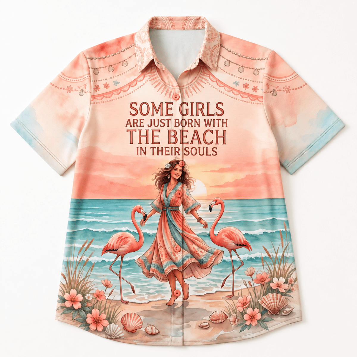 Beach Soul Hawaiian Shirt for Women, Flamingo Tropical Button Up Shirt, Coastal Beach Vacation Shirt, Women's Summer Aloha Shirt - FlamingoAholic