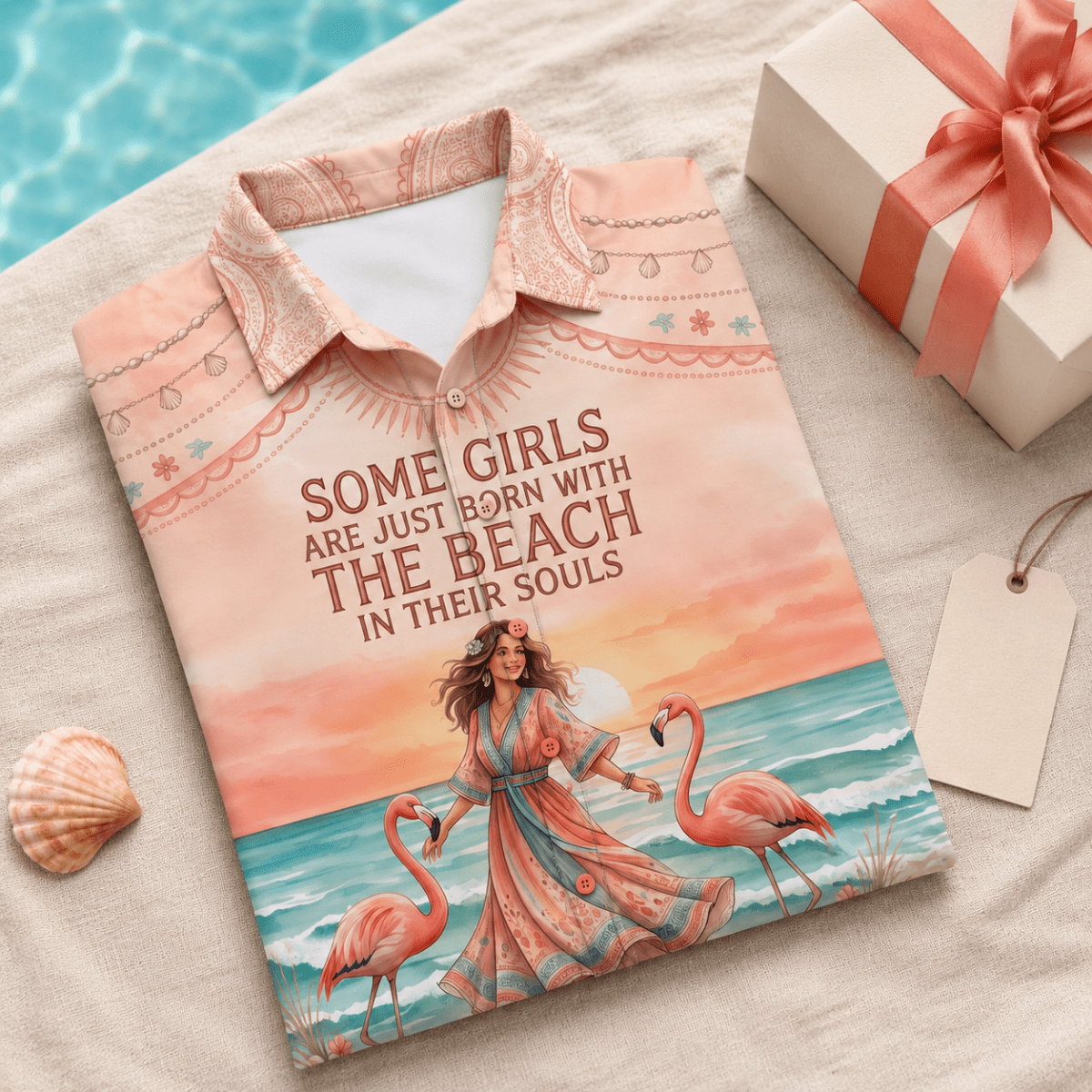 Beach Soul Hawaiian Shirt for Women, Flamingo Tropical Button Up Shirt, Coastal Beach Vacation Shirt, Women's Summer Aloha Shirt - FlamingoAholic