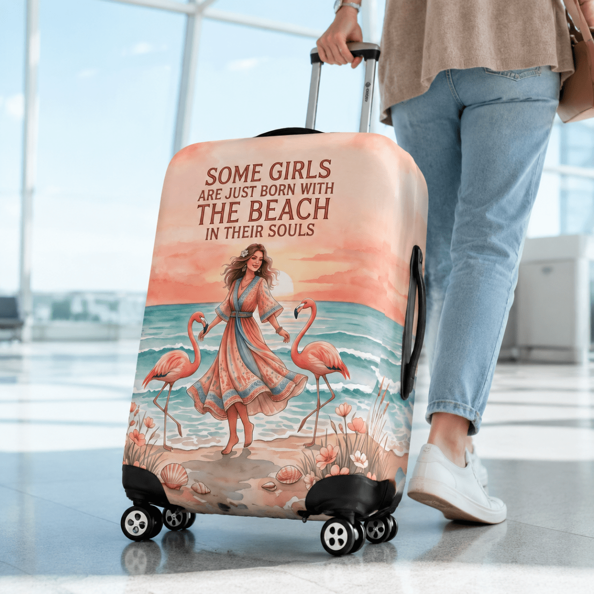 Beach Soul Luggage Cover, Flamingo Suitcase Cover for Women, Coastal Travel Gift, Beach Lover Luggage Protector - FlamingoAholic