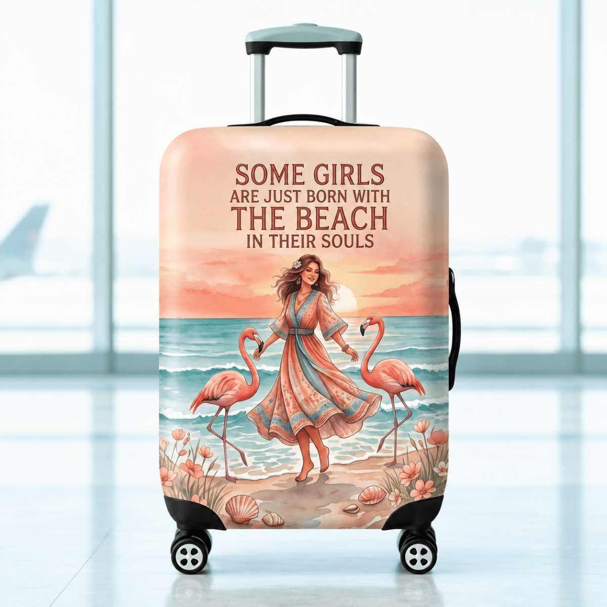 Beach Soul Luggage Cover, Flamingo Suitcase Cover for Women, Coastal Travel Gift, Beach Lover Luggage Protector - FlamingoAholic