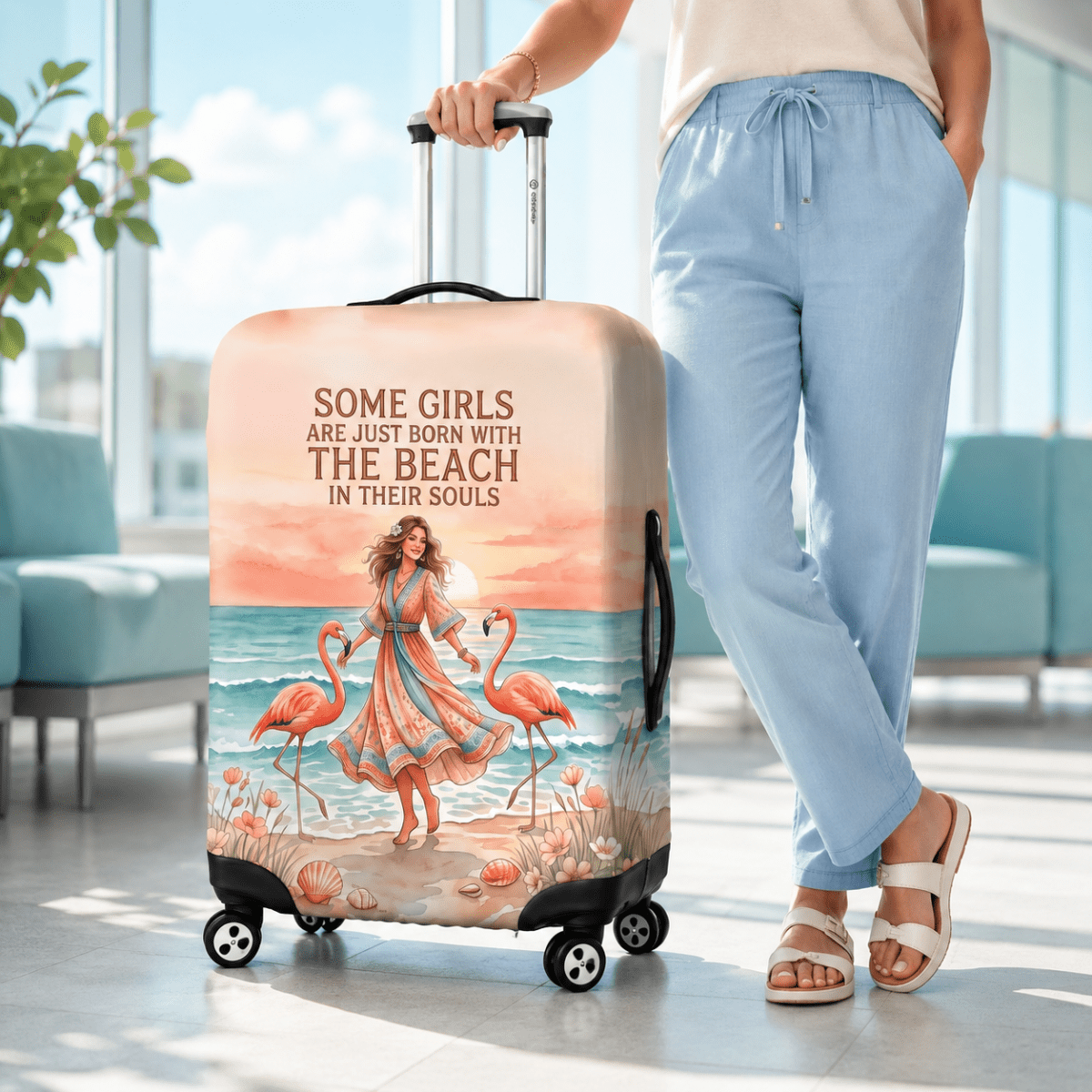 Beach Soul Luggage Cover, Flamingo Suitcase Cover for Women, Coastal Travel Gift, Beach Lover Luggage Protector - FlamingoAholic