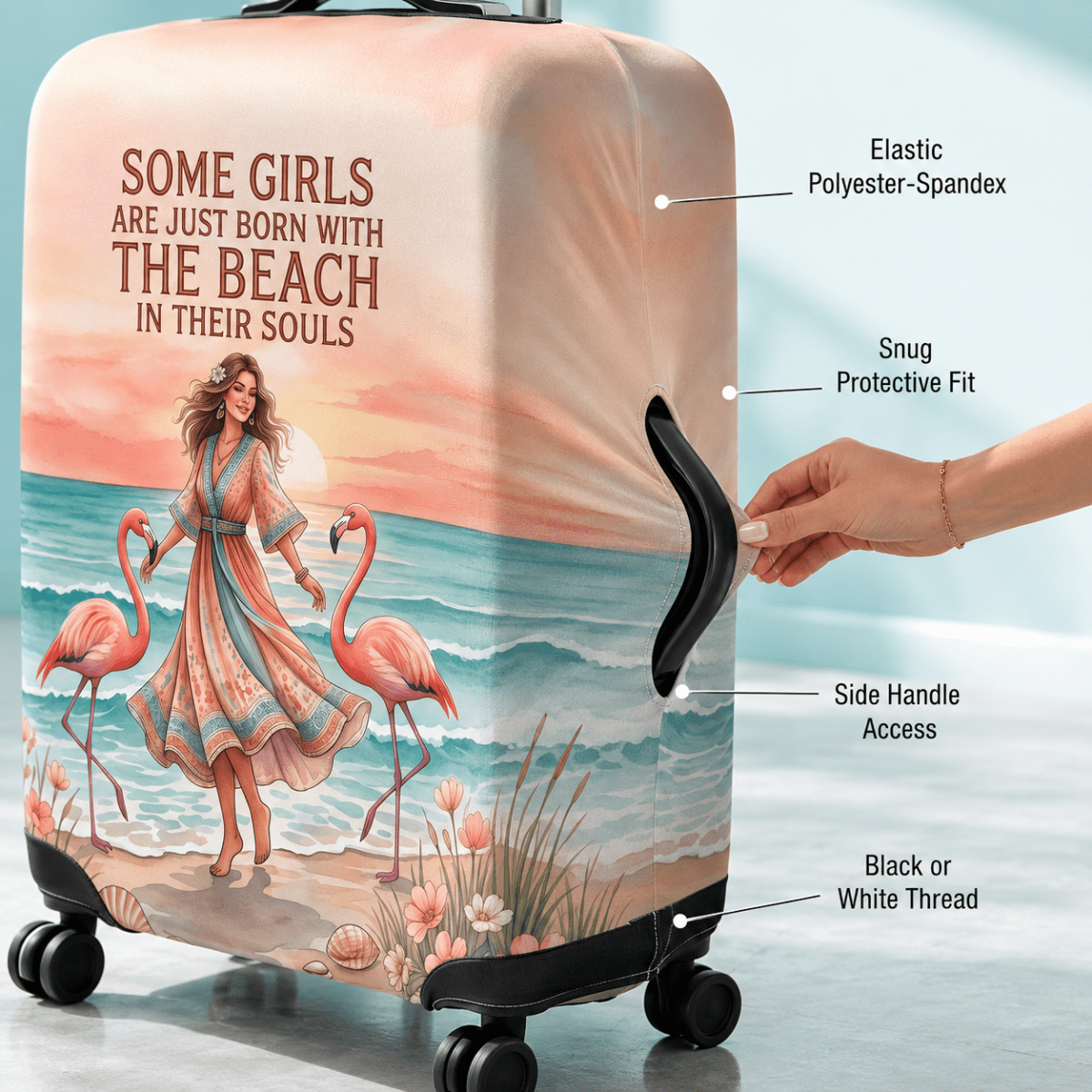 Beach Soul Luggage Cover, Flamingo Suitcase Cover for Women, Coastal Travel Gift, Beach Lover Luggage Protector - FlamingoAholic