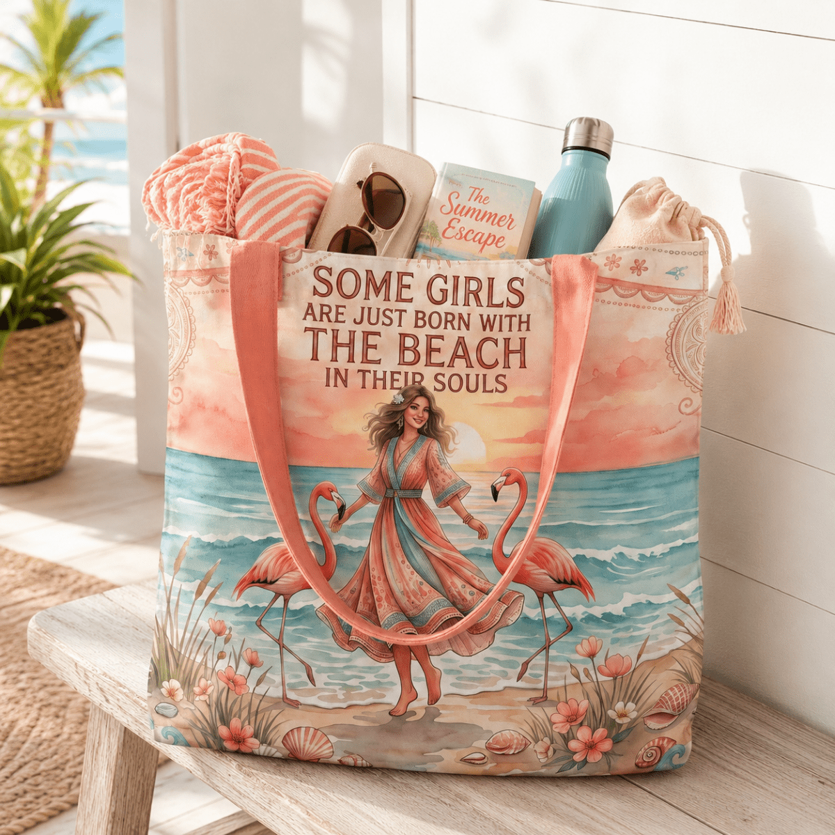 Beach Soul Tote Bag, Flamingo Beach Bag for Women, Coastal Canvas Tote, Beach Lover Gift - FlamingoAholic