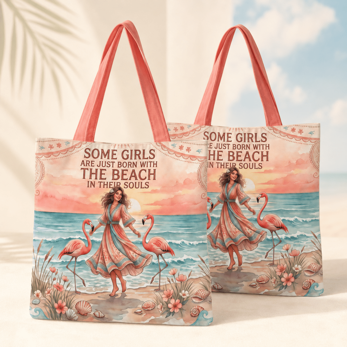 Beach Soul Tote Bag, Flamingo Beach Bag for Women, Coastal Canvas Tote, Beach Lover Gift - FlamingoAholic