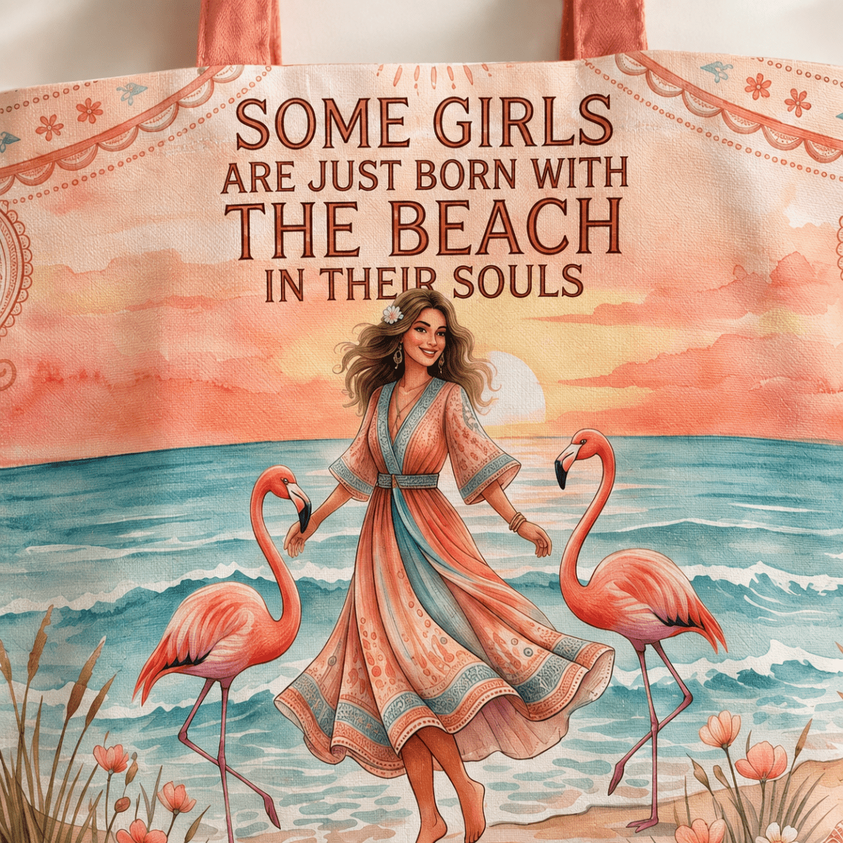 Beach Soul Tote Bag, Flamingo Beach Bag for Women, Coastal Canvas Tote, Beach Lover Gift - FlamingoAholic