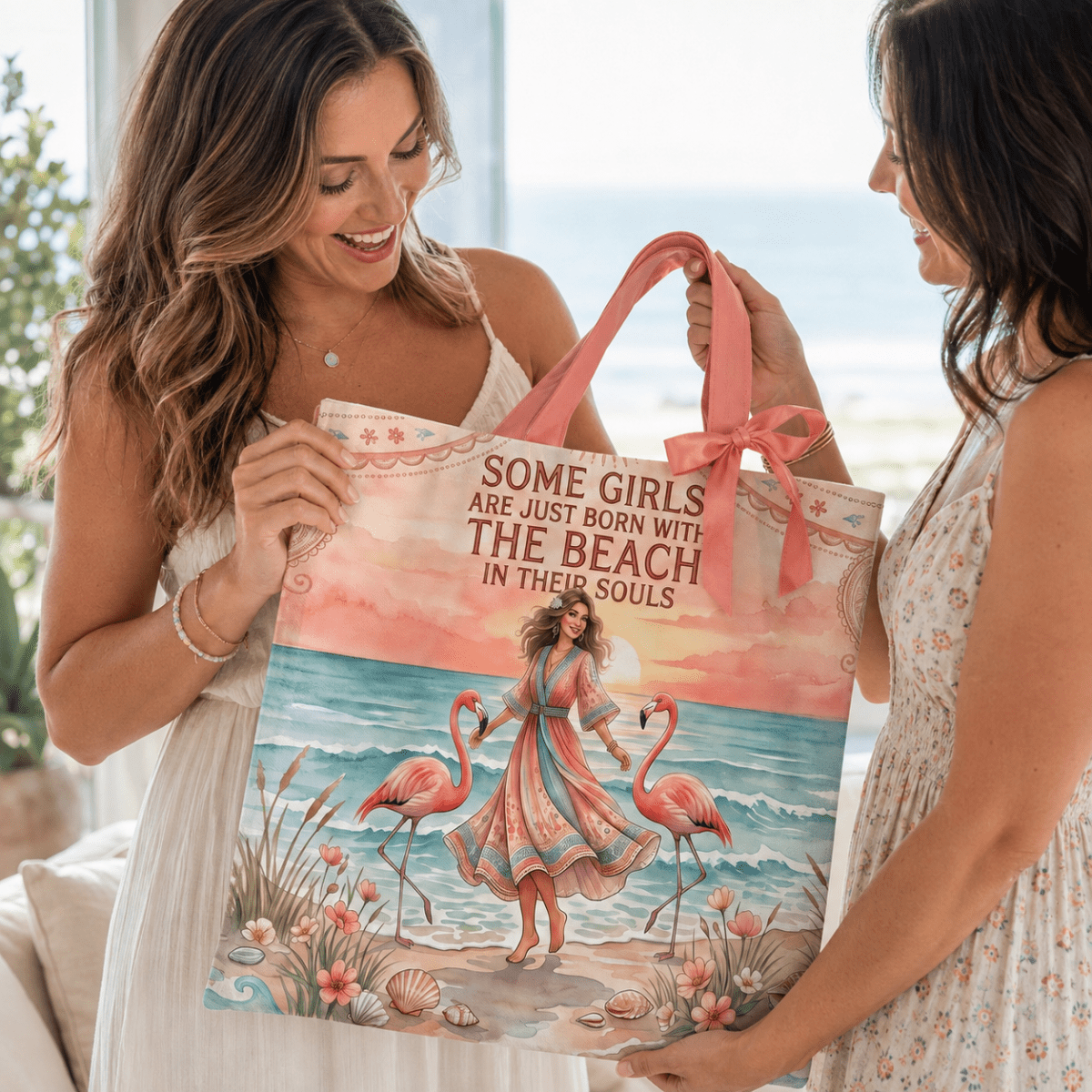 Beach Soul Tote Bag, Flamingo Beach Bag for Women, Coastal Canvas Tote, Beach Lover Gift - FlamingoAholic