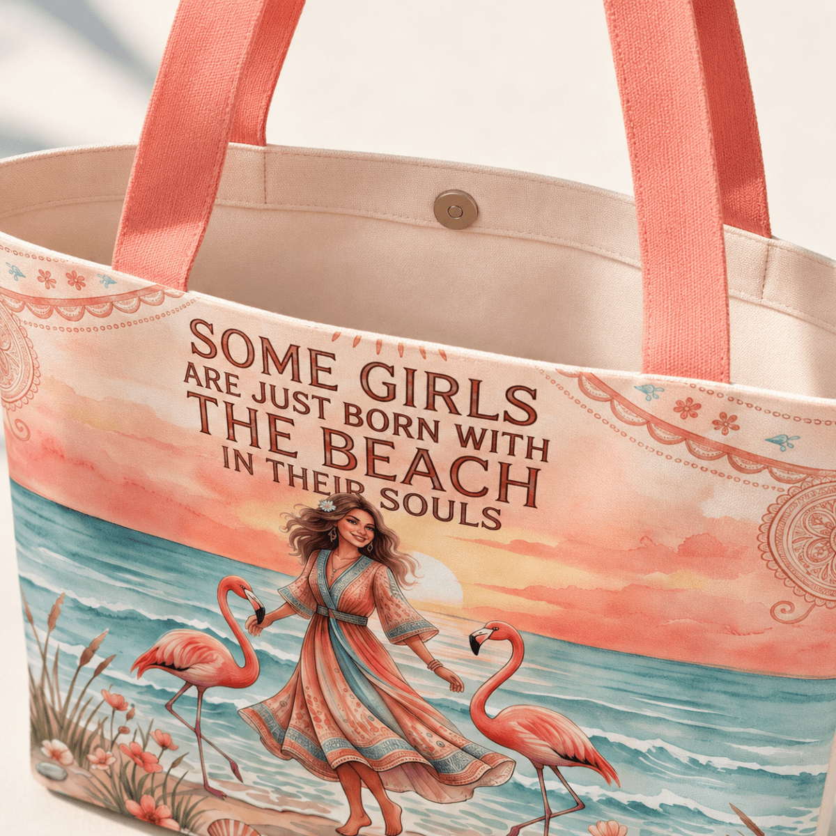 Beach Soul Tote Bag, Flamingo Beach Bag for Women, Coastal Canvas Tote, Beach Lover Gift - FlamingoAholic