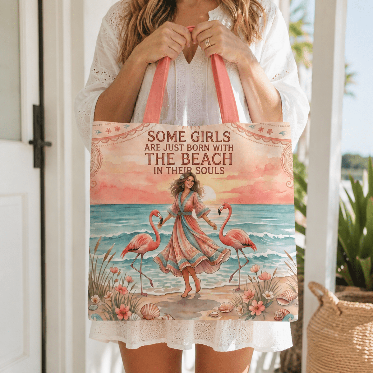 Beach Soul Tote Bag, Flamingo Beach Bag for Women, Coastal Canvas Tote, Beach Lover Gift - FlamingoAholic