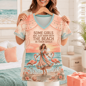 Beach Soul V-Neck T-Shirt for Women, Flamingo Beach Shirt, Coastal All Over Print Tee, Beach Lover Gift for Her - FlamingoAholic