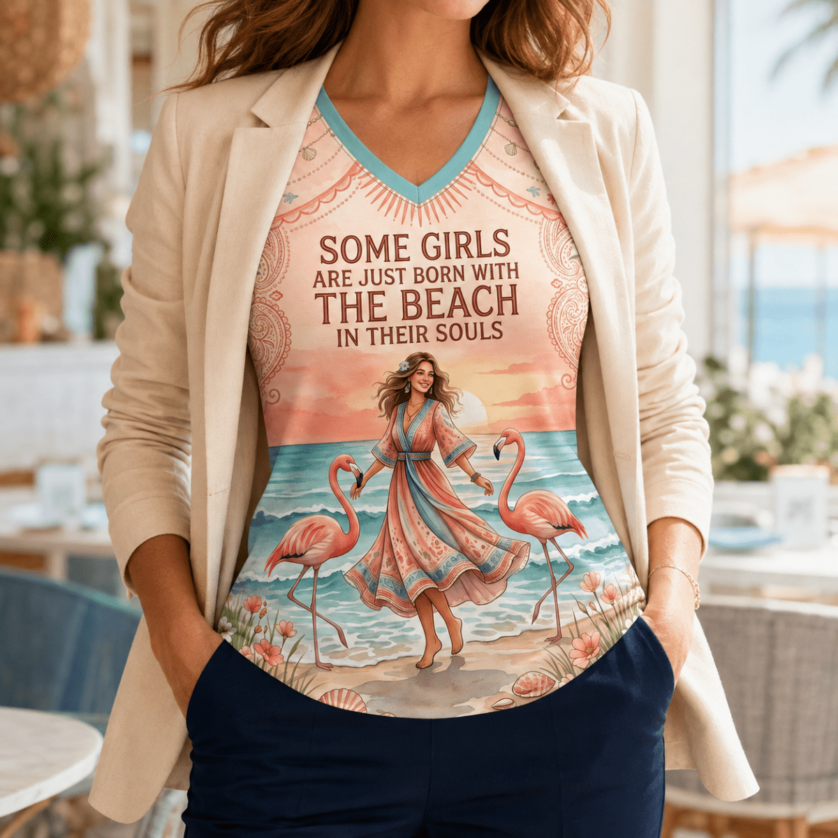 Beach Soul V-Neck T-Shirt for Women, Flamingo Beach Shirt, Coastal All Over Print Tee, Beach Lover Gift for Her - FlamingoAholic