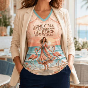 Beach Soul V-Neck T-Shirt for Women, Flamingo Beach Shirt, Coastal All Over Print Tee, Beach Lover Gift for Her - FlamingoAholic