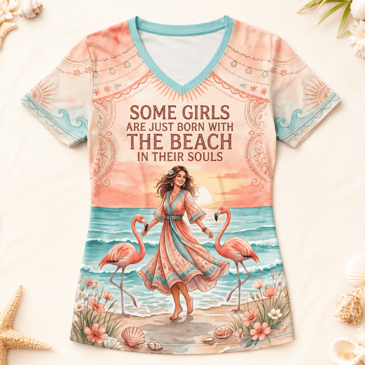 Beach Soul V-Neck T-Shirt for Women, Flamingo Beach Shirt, Coastal All Over Print Tee, Beach Lover Gift for Her - FlamingoAholic