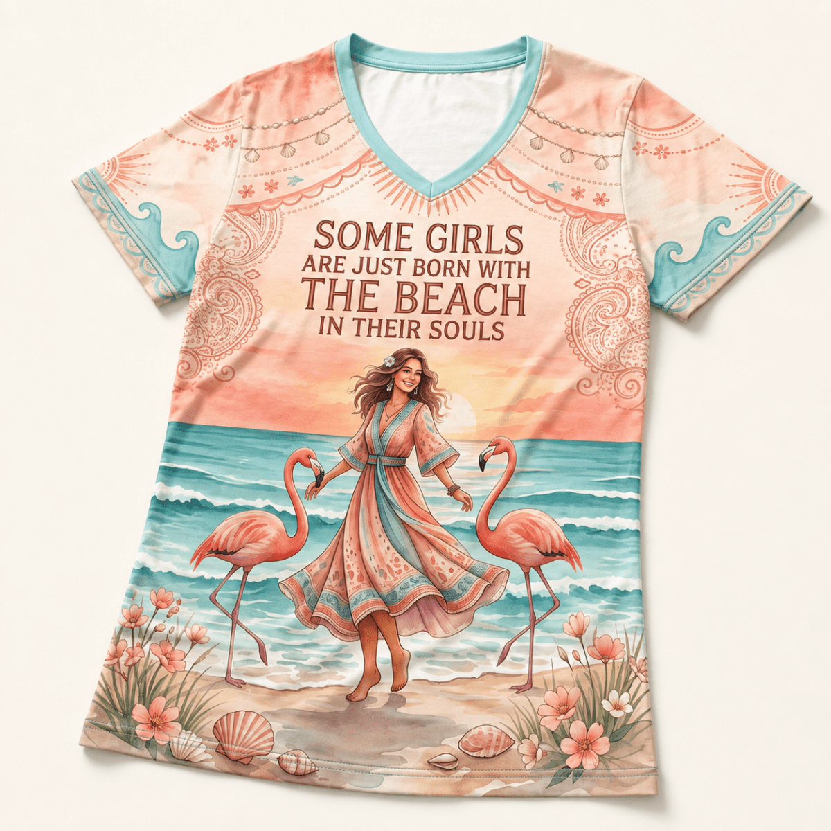 Beach Soul V-Neck T-Shirt for Women, Flamingo Beach Shirt, Coastal All Over Print Tee, Beach Lover Gift for Her - FlamingoAholic