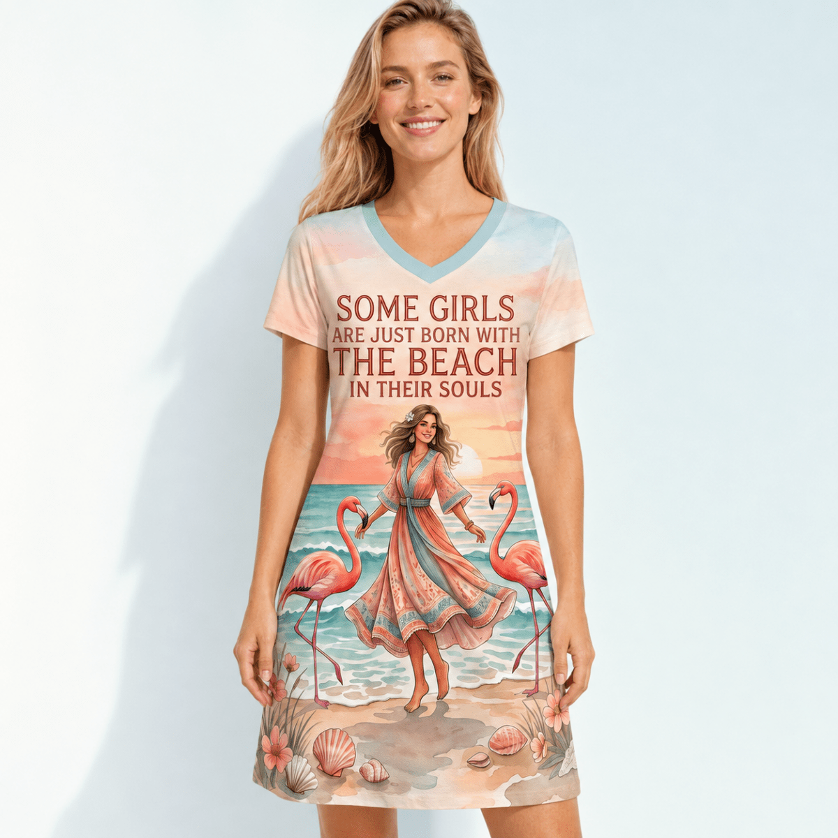 Beach Soul Women's Fine Jersey V-Neck Dress | Flamingo Coastal Sunset Dress - FlamingoAholic