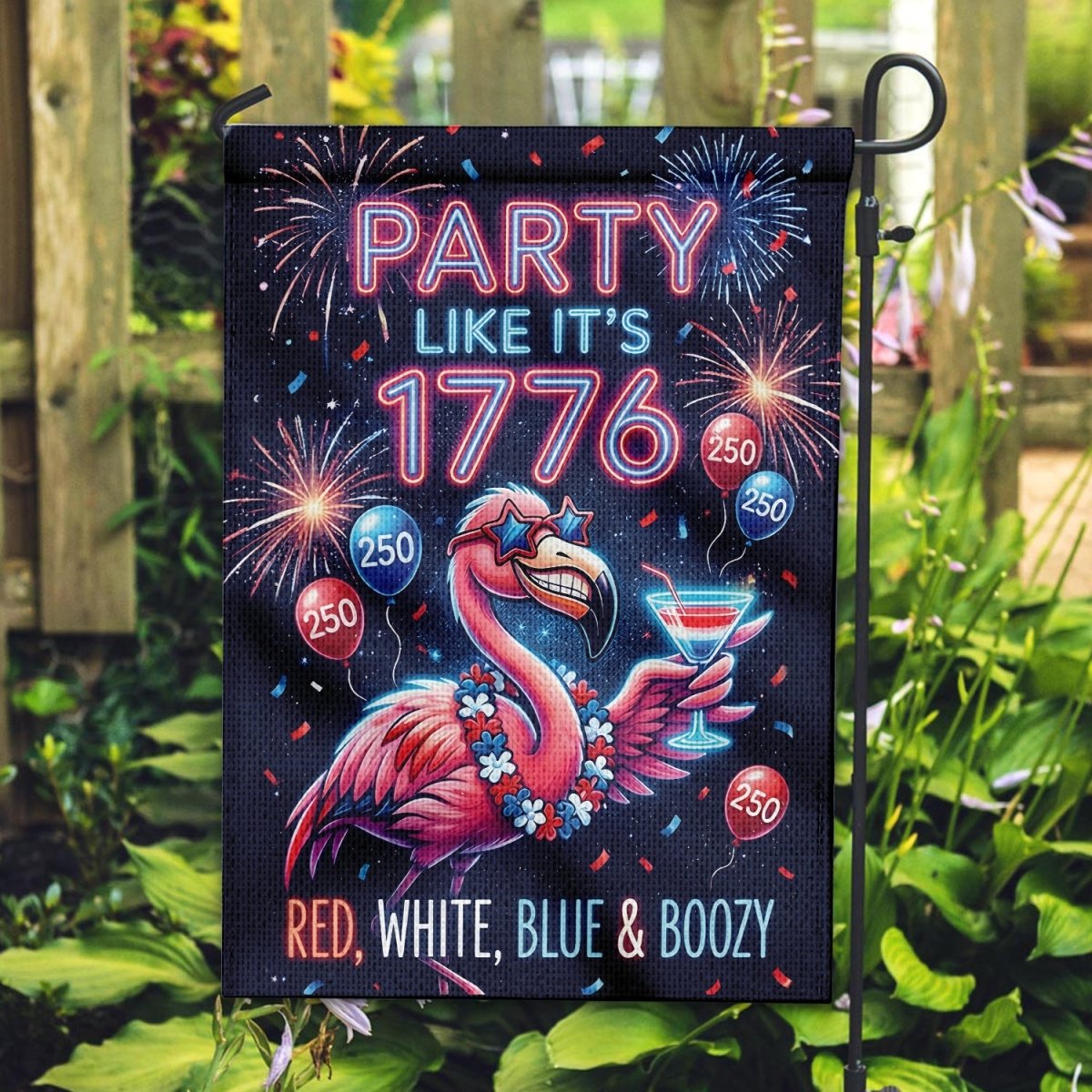 Boozy Flamingo 4th of July Garden Flag - Durable Red White & Blue Yard Decor - FlamingoAholic