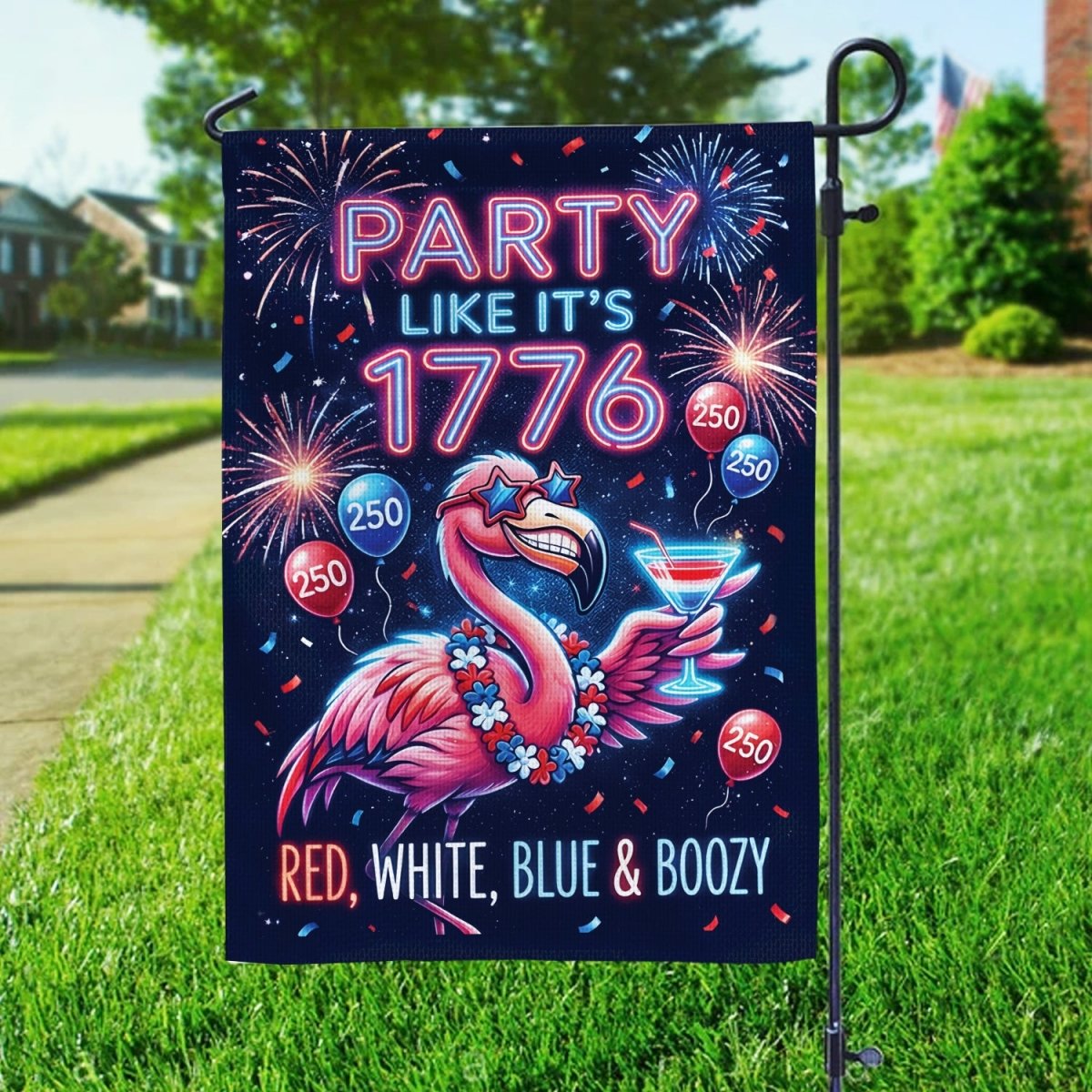 Boozy Flamingo 4th of July Garden Flag - Durable Red White & Blue Yard Decor - FlamingoAholic