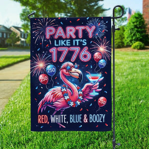 Boozy Flamingo 4th of July Garden Flag - Durable Red White & Blue Yard Decor - FlamingoAholic