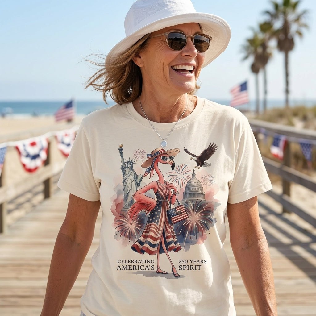 Celebrating America's 250 Years Spirit Patriotic Flamingo T-Shirt - FlamingoAholic