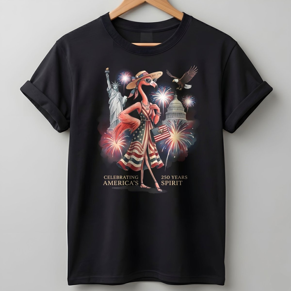 Celebrating America's 250 Years Spirit Patriotic Flamingo T-Shirt - FlamingoAholic