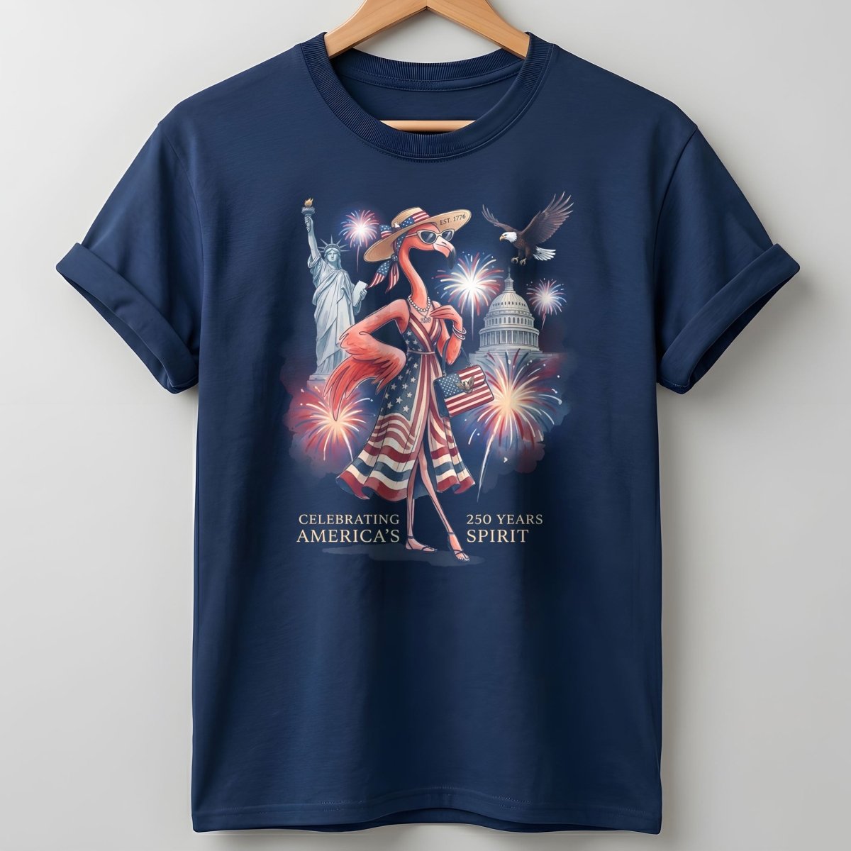 Celebrating America's 250 Years Spirit Patriotic Flamingo T-Shirt - FlamingoAholic