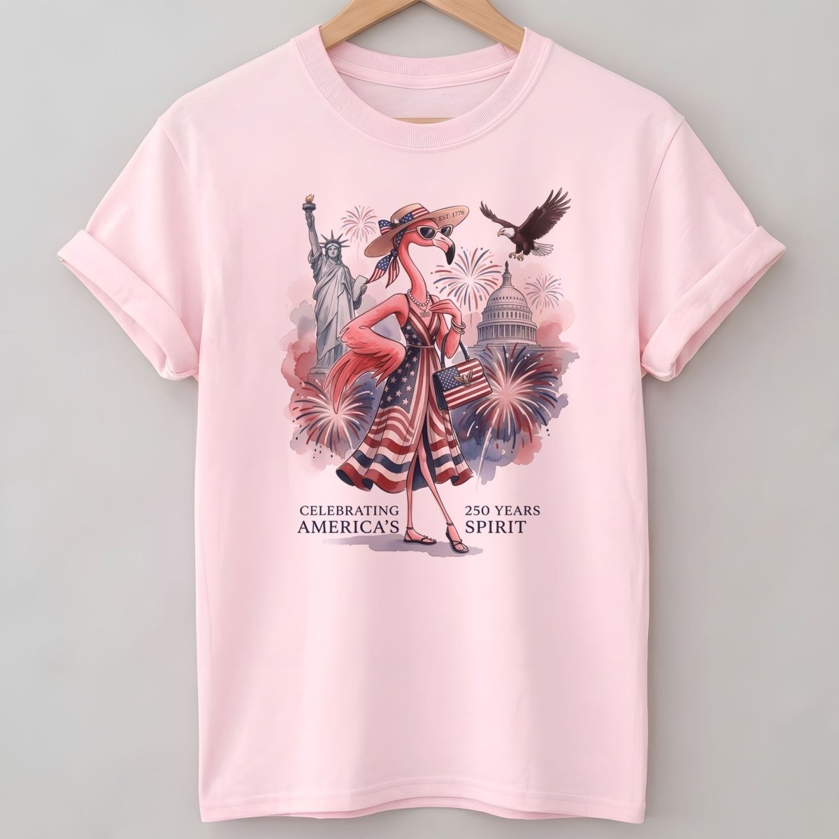 Celebrating America's 250 Years Spirit Patriotic Flamingo T-Shirt - FlamingoAholic