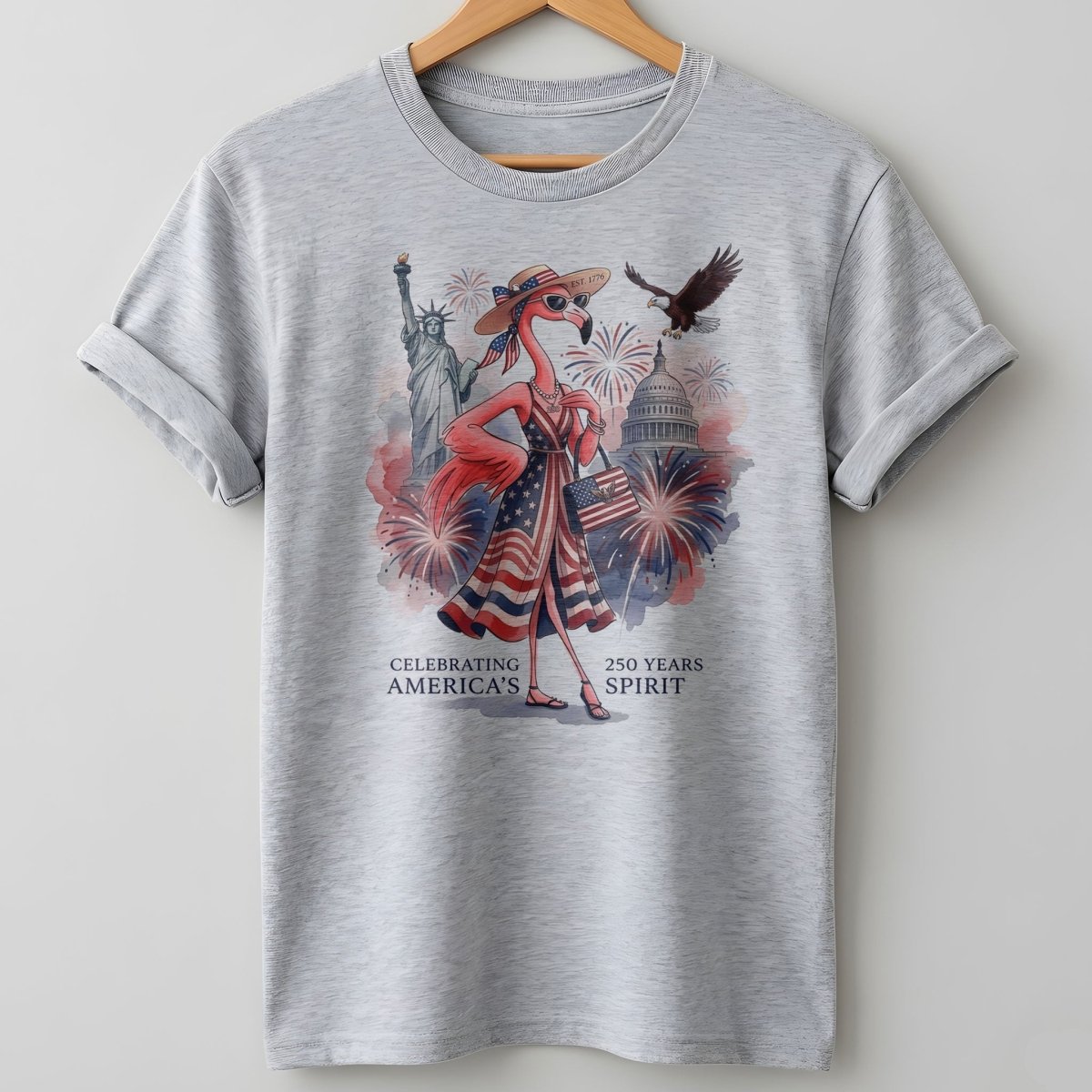 Celebrating America's 250 Years Spirit Patriotic Flamingo T-Shirt - FlamingoAholic