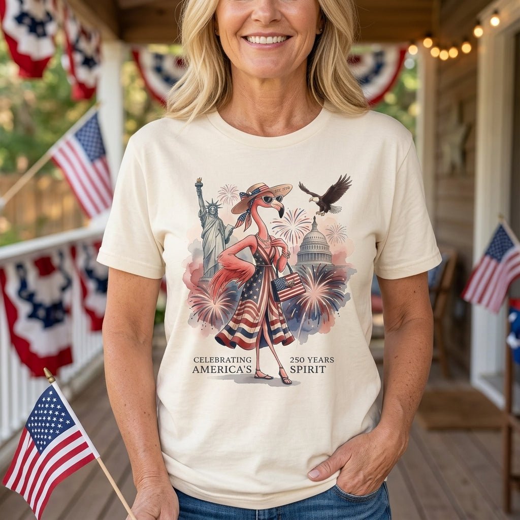 Celebrating America's 250 Years Spirit Patriotic Flamingo T-Shirt - FlamingoAholic