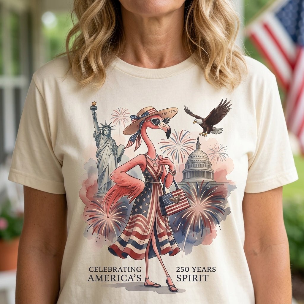 Celebrating America's 250 Years Spirit Patriotic Flamingo T-Shirt - FlamingoAholic