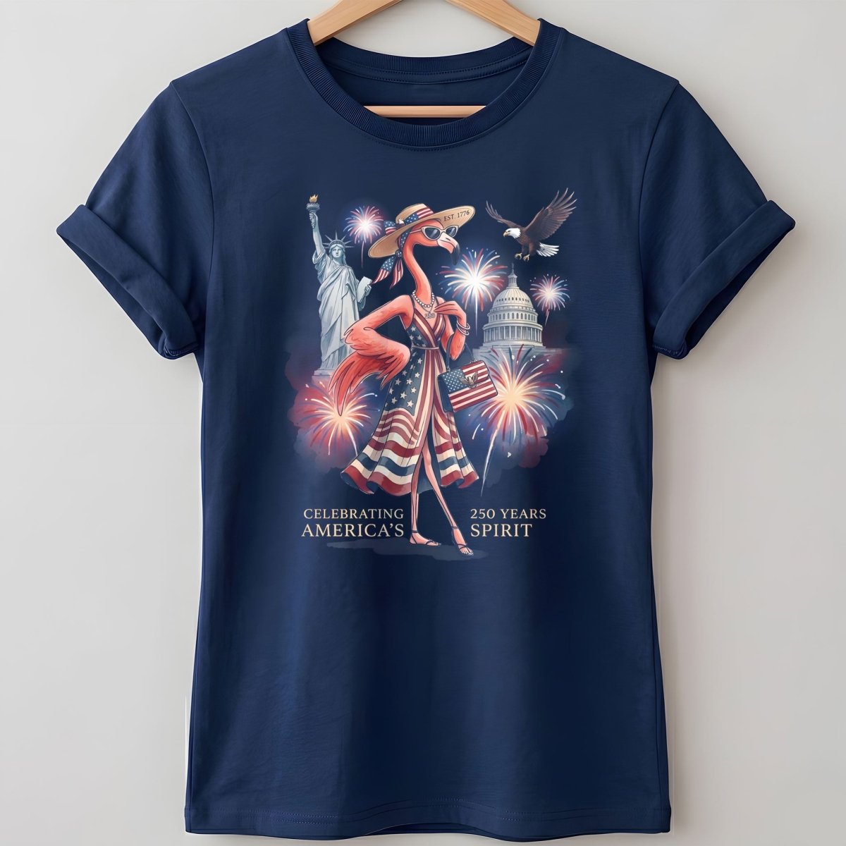 Celebrating America's 250 Years Spirit Patriotic Flamingo T-Shirt - FlamingoAholic