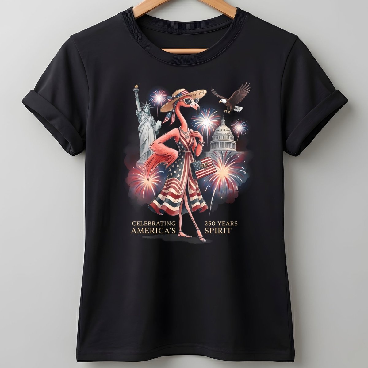 Celebrating America's 250 Years Spirit Patriotic Flamingo T-Shirt - FlamingoAholic
