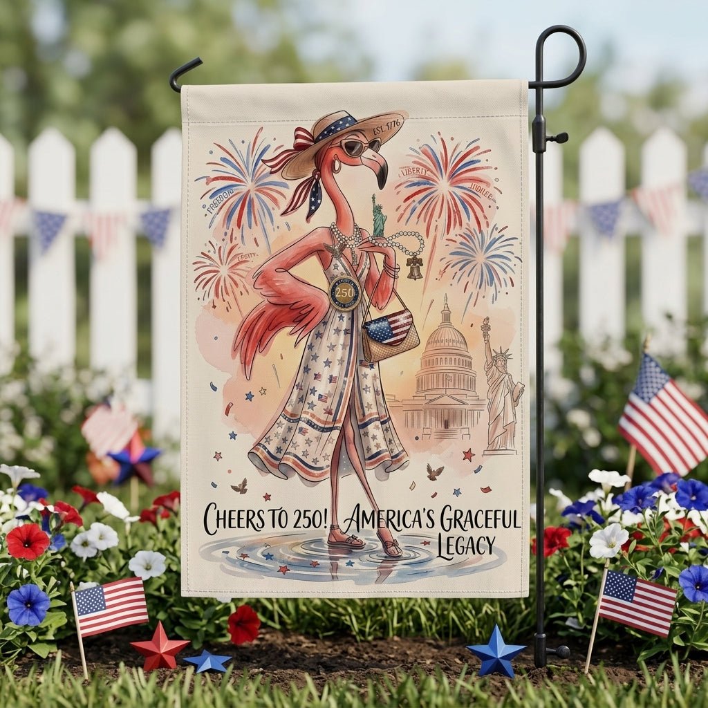 Cheers to 250 America's Graceful Legacy Flamingo July 4th Garden Flag - FlamingoAholic
