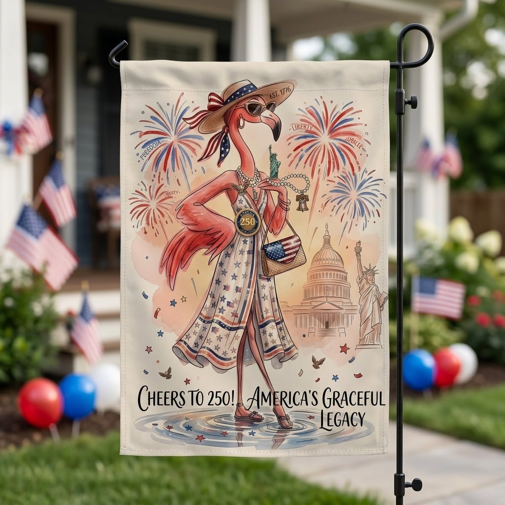 Cheers to 250 America's Graceful Legacy Flamingo July 4th Garden Flag - FlamingoAholic