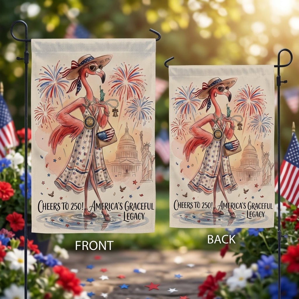 Cheers to 250 America's Graceful Legacy Flamingo July 4th Garden Flag - FlamingoAholic