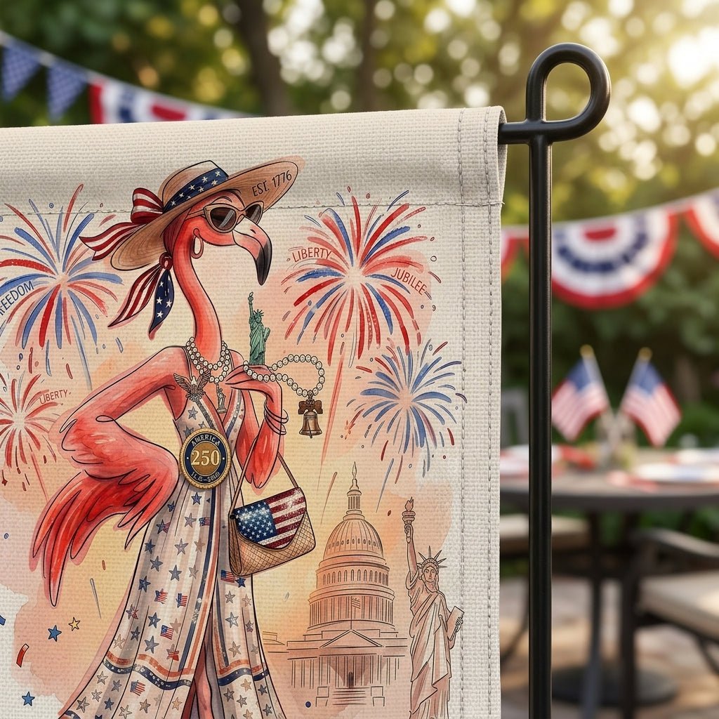 Cheers to 250 America's Graceful Legacy Flamingo July 4th Garden Flag - FlamingoAholic