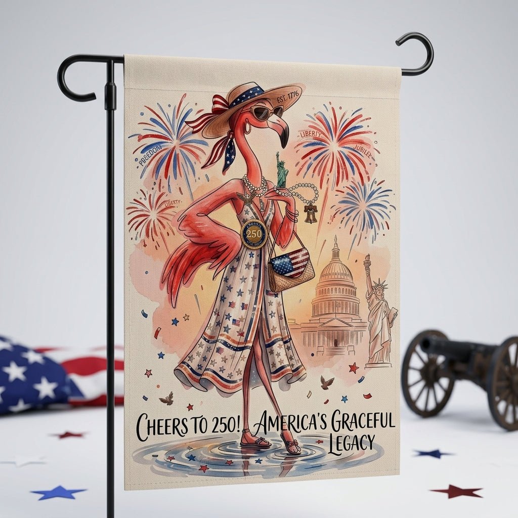 Cheers to 250 America's Graceful Legacy Flamingo July 4th Garden Flag - FlamingoAholic