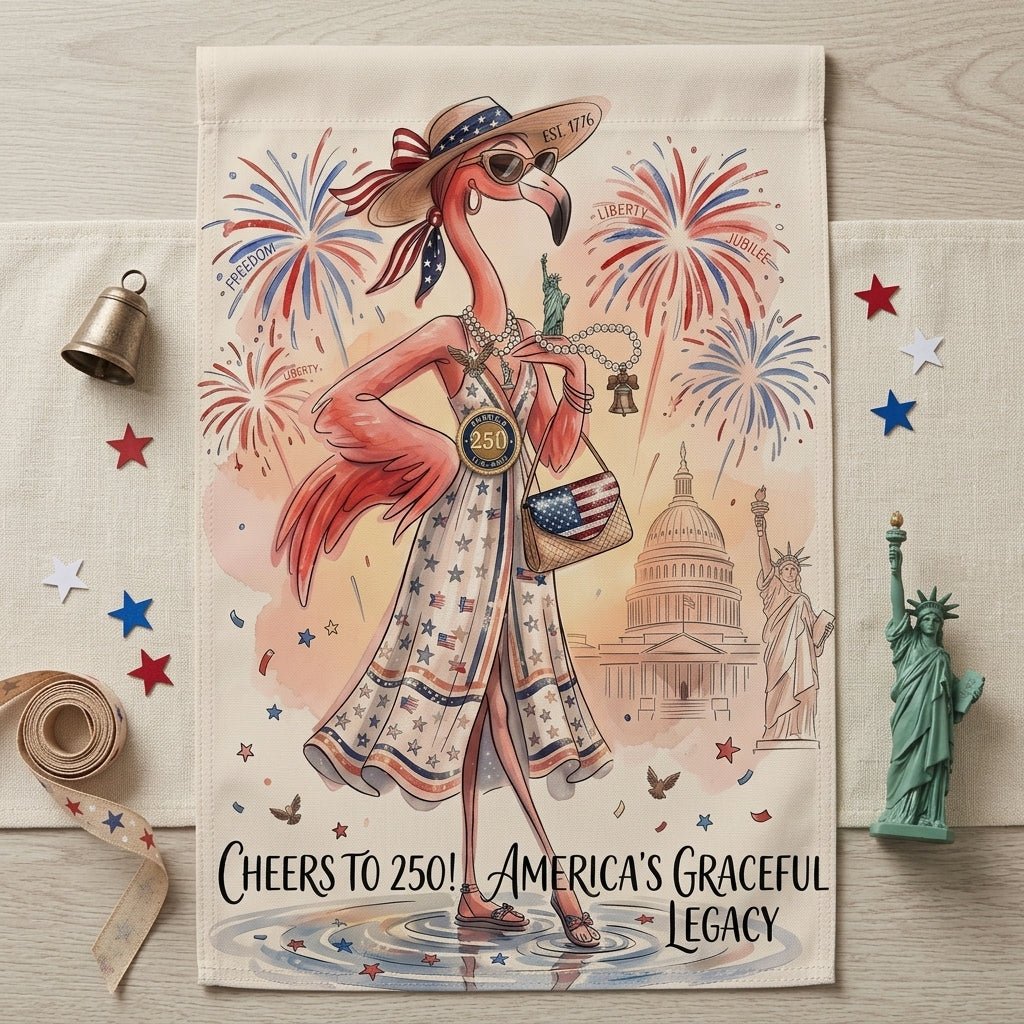 Cheers to 250 America's Graceful Legacy Flamingo July 4th Garden Flag - FlamingoAholic