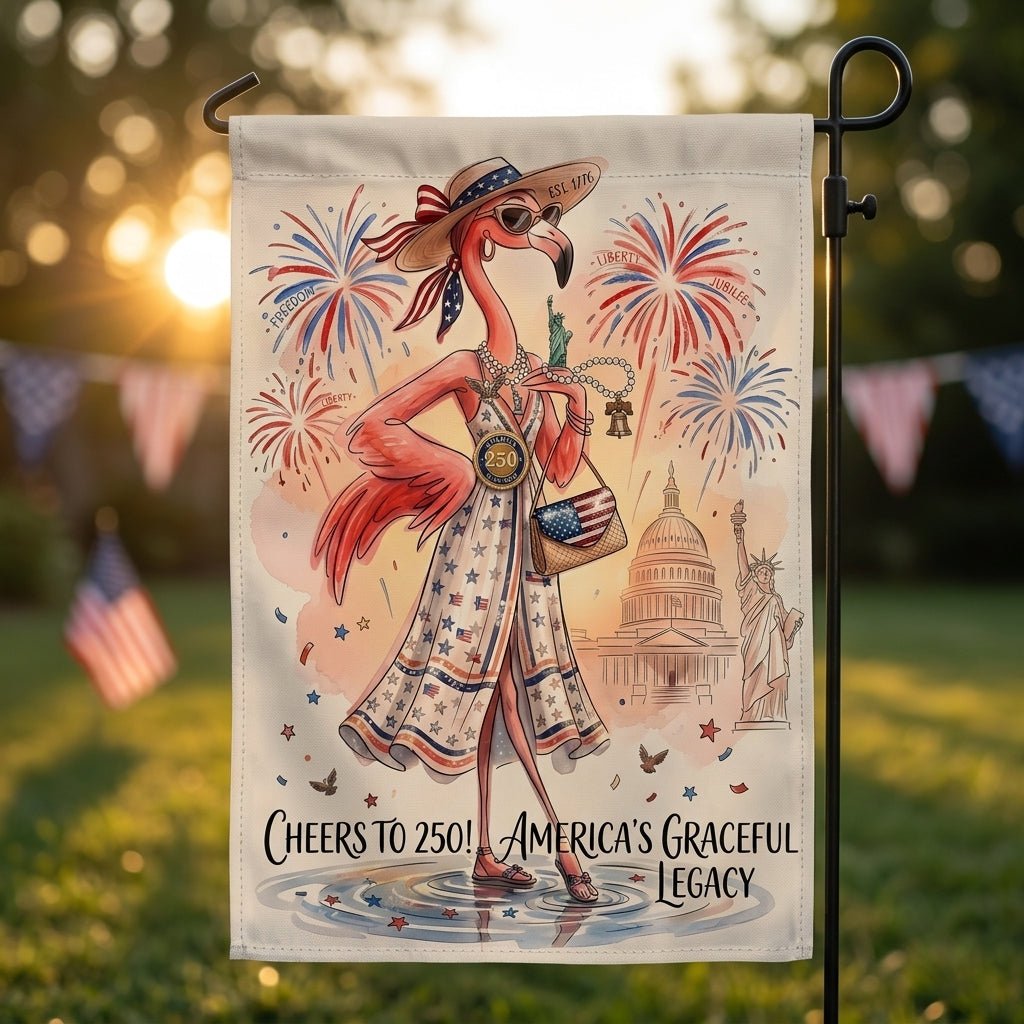 Cheers to 250 America's Graceful Legacy Flamingo July 4th Garden Flag - FlamingoAholic
