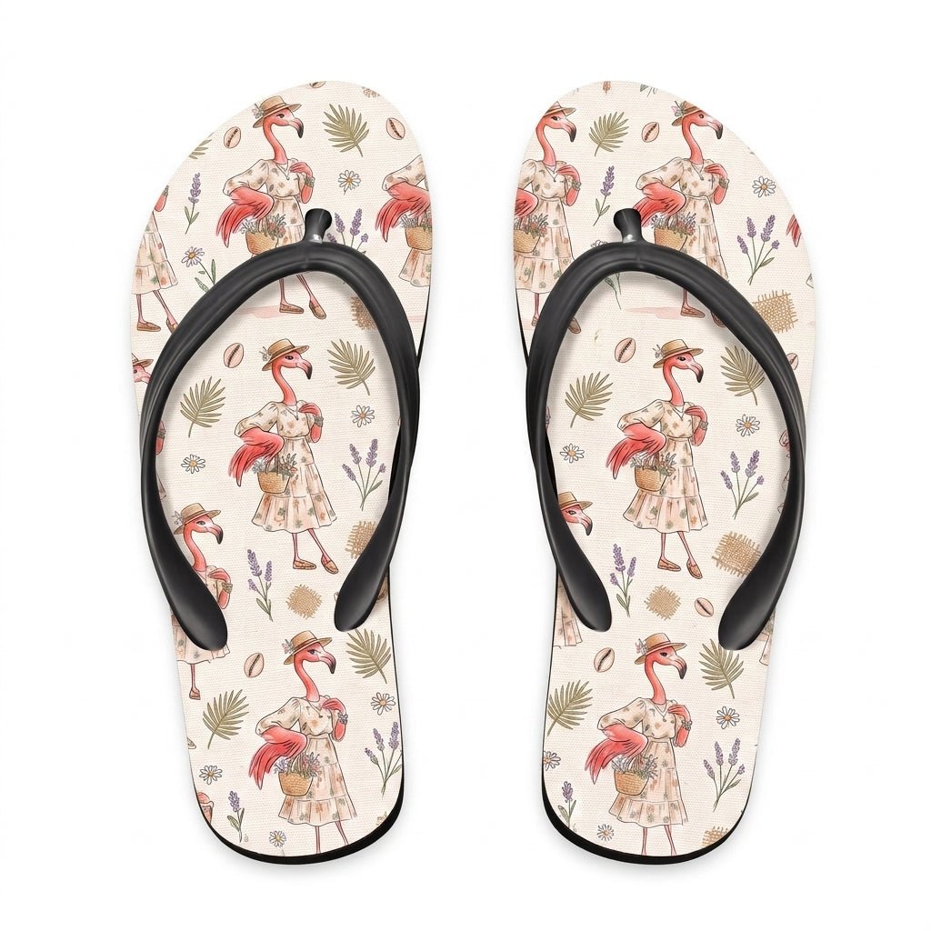 Coastal Flamingo Print Cream Canvas Lightweight Water-Resistant Flip Flops - FlamingoAholic