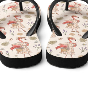 Coastal Flamingo Print Cream Canvas Lightweight Water-Resistant Flip Flops - FlamingoAholic