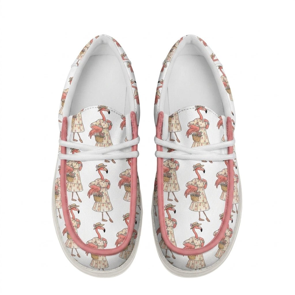 Coastal Flamingo Print White Canvas Lightweight Slip-On Loafer Shoes - FlamingoAholic