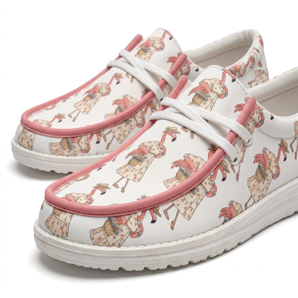 Coastal Flamingo Print White Canvas Lightweight Slip-On Loafer Shoes - FlamingoAholic
