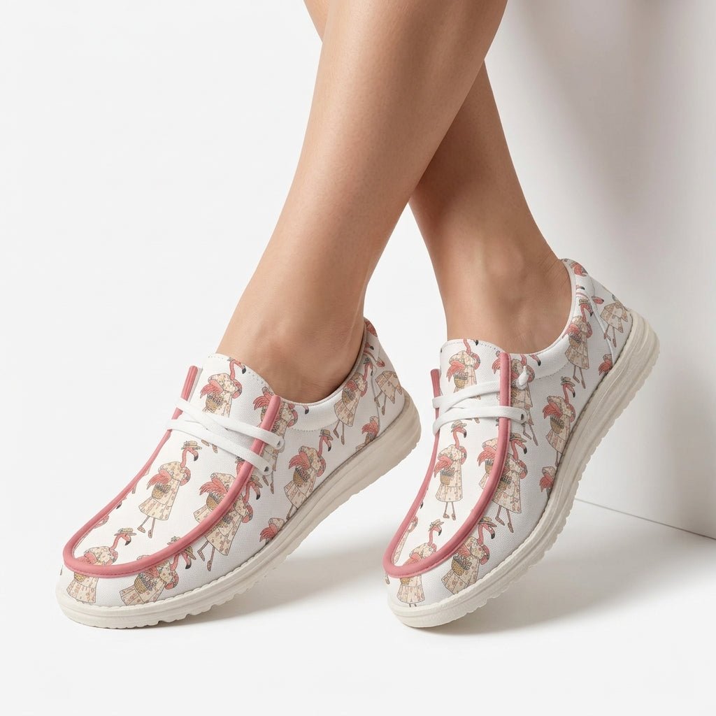 Coastal Flamingo Print White Canvas Lightweight Slip-On Loafer Shoes - FlamingoAholic