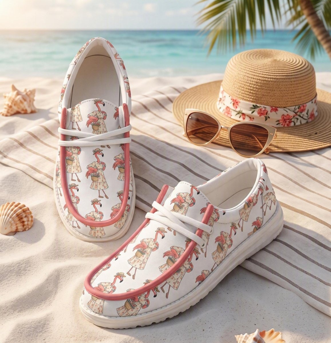 Coastal Flamingo Print White Canvas Lightweight Slip-On Loafer Shoes - FlamingoAholic