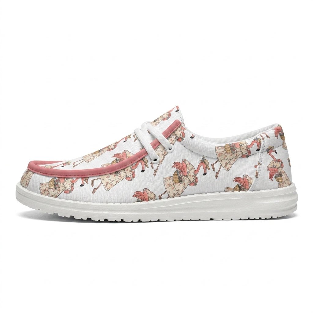 Coastal Flamingo Print White Canvas Lightweight Slip-On Loafer Shoes - FlamingoAholic